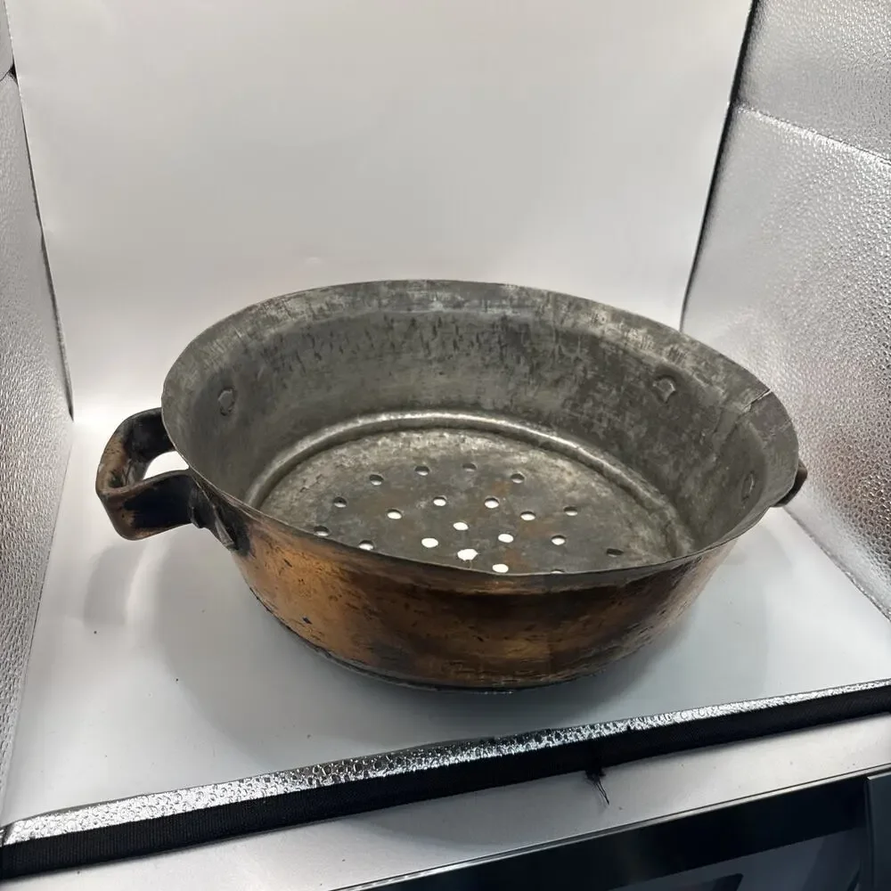 Antique Hand Hammered Copper Colander With Riveted Handles Heavy